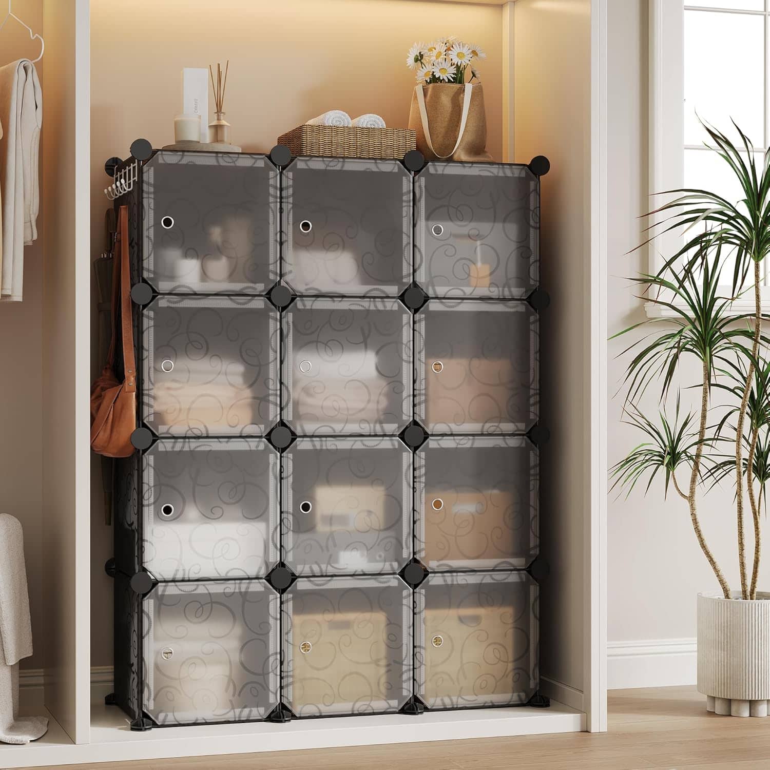 Homhougo - Space-Saving Modular Shoe Storage Cabinet – 12-Cube Stackable Organizer with Doors, Durable Plastic & PVC Shelves, Easy - Black