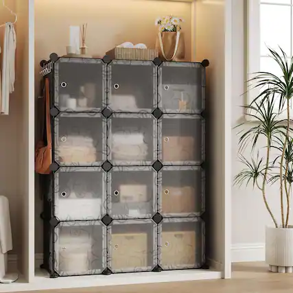Front. Homhougo - Space-Saving Modular Shoe Storage Cabinet – 12-Cube Stackable Organizer with Doors, Durable Plastic & PVC Shelves, Easy - Black.