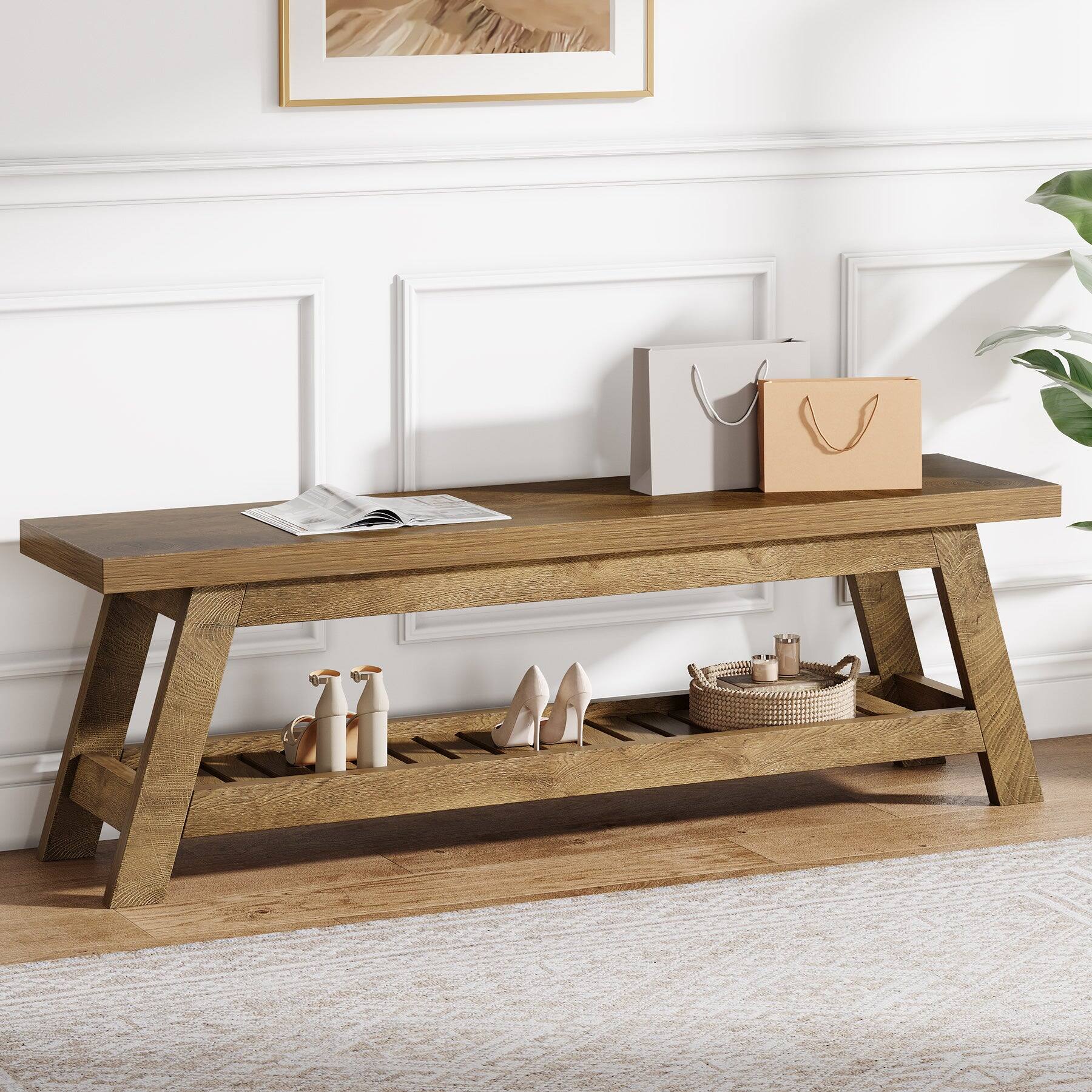 Front. Tribesigns - Office Reception Bench with Engineered Wood Construction, Storage Shelves, for Office Entryways and Waiting Areas - Brown.