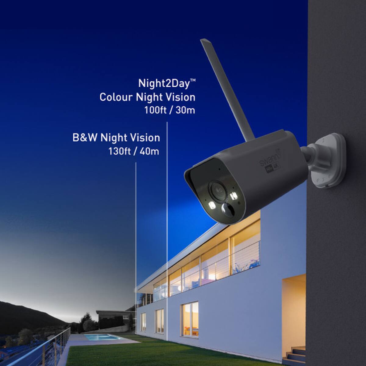 Night2Day  
Colour Night Vision 100ft / 30m  
B&W Night Vision 130ft / 40m  
Swann DK