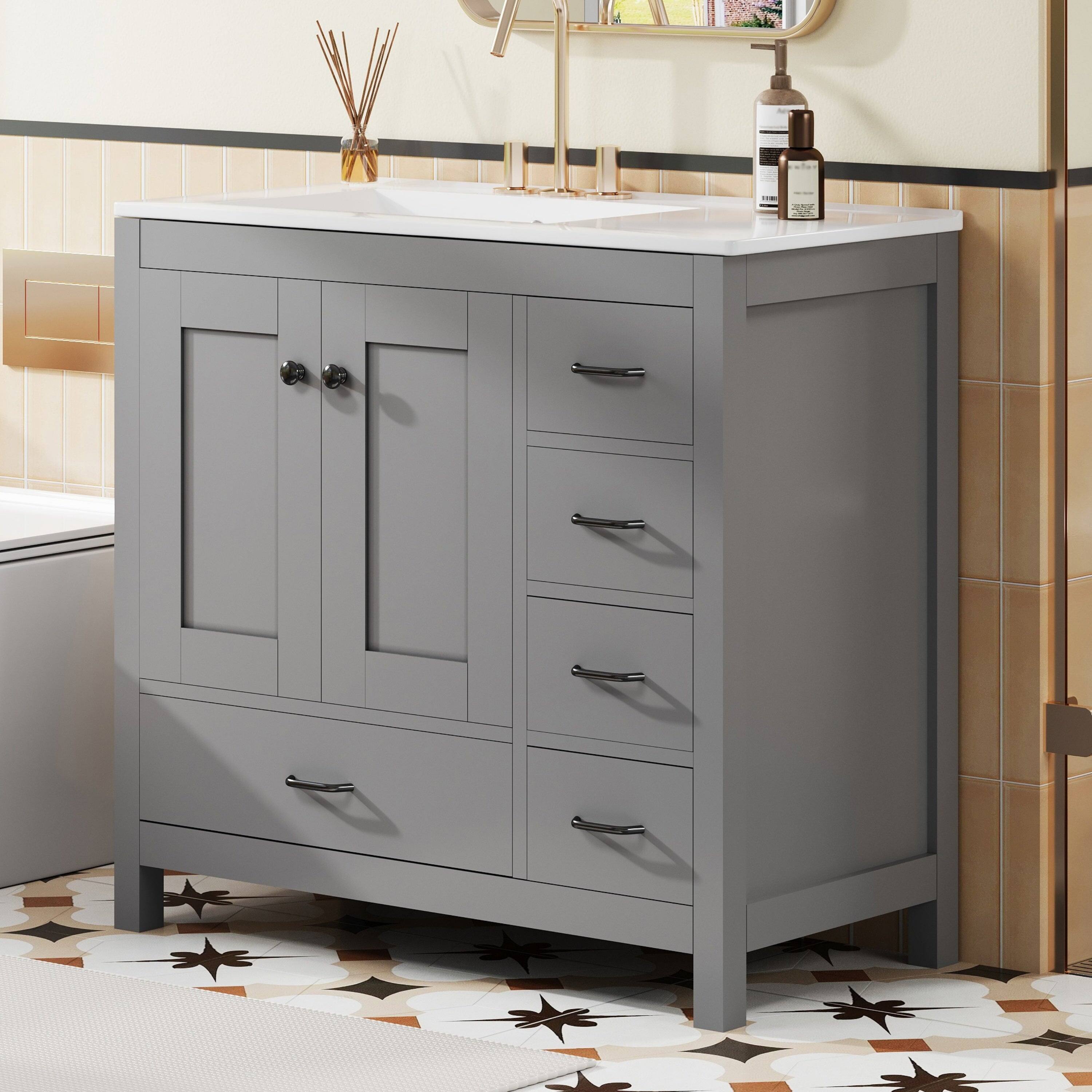 Alt View 4. Boyel Living - 36 Inch Gray Bathroom Vanity with Ceramic Sink 2 Soft Close Doors 5 Drawers Solid Wood and MDF Black Handles - Blue.