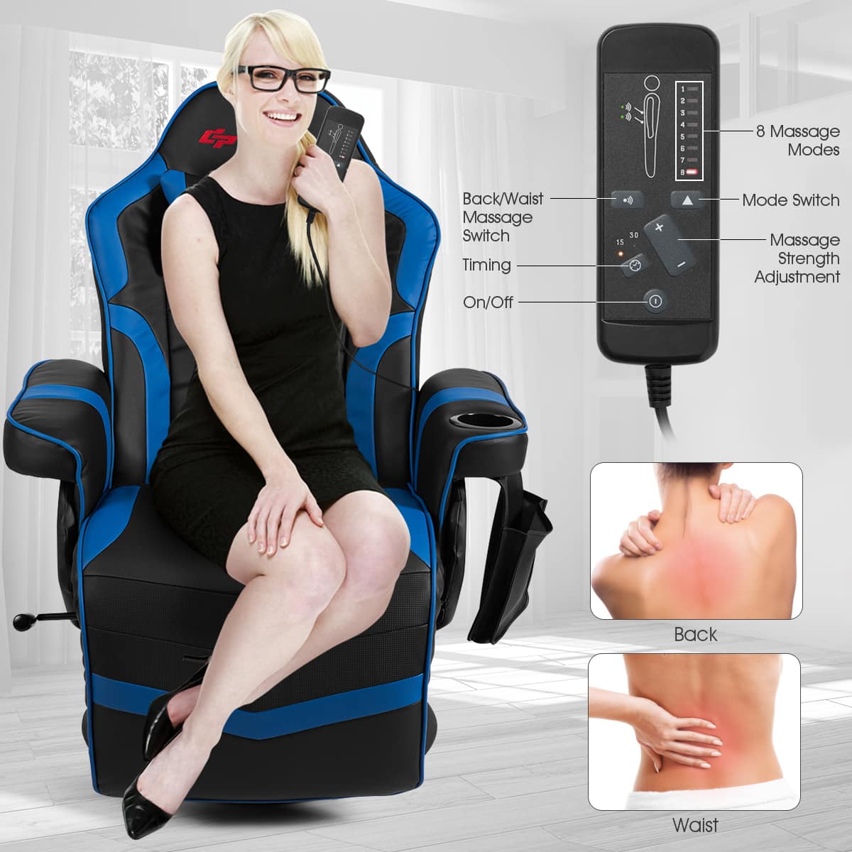 The text on the image reads:
"G: NISTES 1 a 1 S 1 . 8 Massage Modes Back/Waist Massage Switch Timing On/Off 15 30 x Mode Switch Massage Strength Adjustment Back Waist."