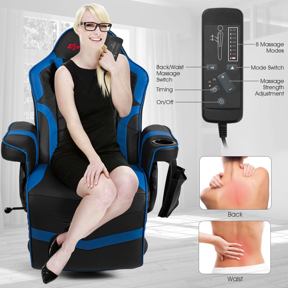 The text on the image reads:

"G: NISTES 1 a 1 S 1 . 8 Massage Modes Back/Waist Massage Switch Timing On/Off 15 30 x  Mode Switch Massage Strength Adjustment Back Waist."
