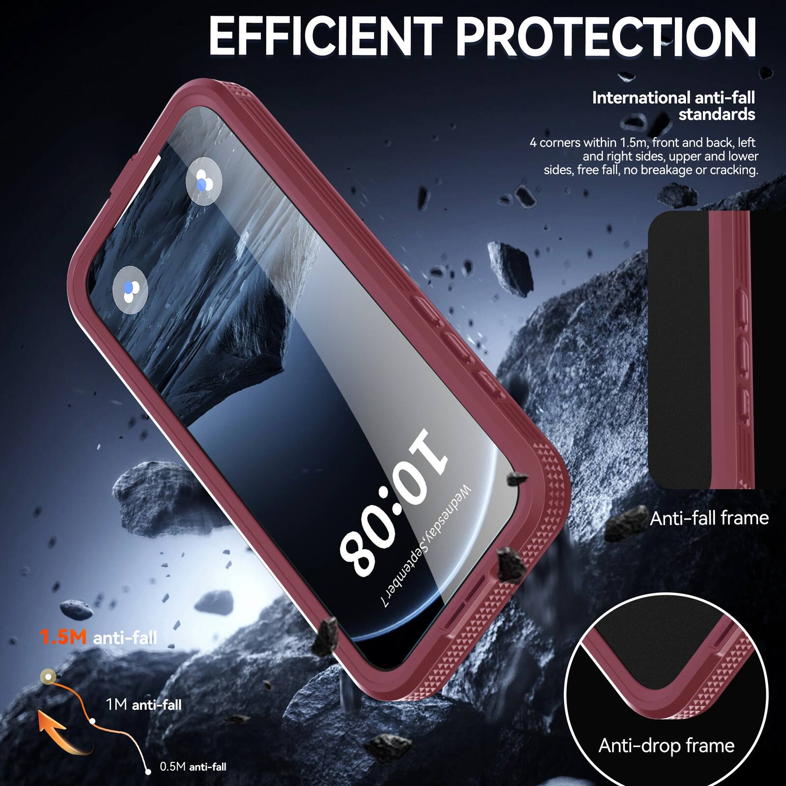 EFFICIENT PROTECTION

International anti-fall standards

4 corners within 1.5m, front and back, left and right sides, upper and lower sides, free fall, no breakage or cracking.

1.5M anti-fall
1M anti-fall
0.5M anti-fall

Anti-fall frame
Anti-drop frame