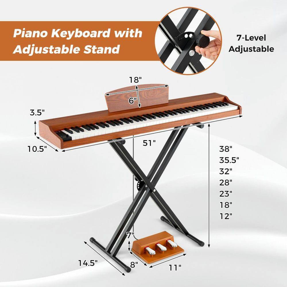 Piano Keyboard with Adjustable Stand  
7-Level Adjustable  
18" 3.5" 6" 10.5" 51" 38" 35.5" 32" 28" 23" 18" 12" 7" 14.5" 8" 11"