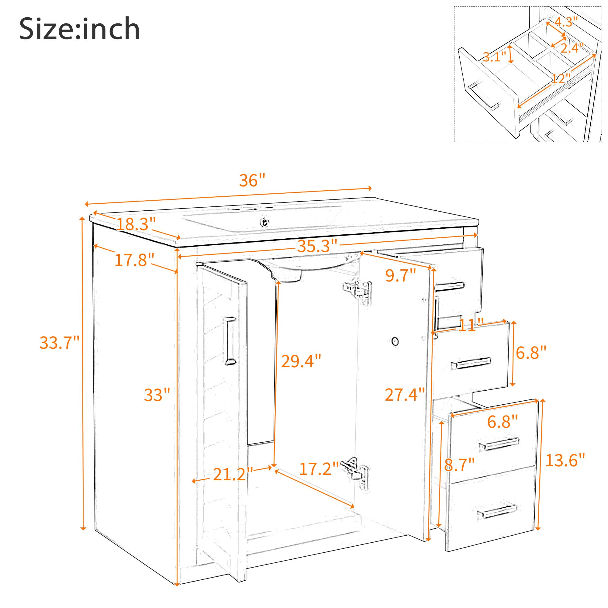 Size: inch  
3.1" 4.3" 2.4" 12" 36" 18.3" 17.8" 35.3" 9.7" 33.7" 29.4" 6.8" 33" 27.4" 6.8" 21.2" 17.2" 8.7" 13.6"