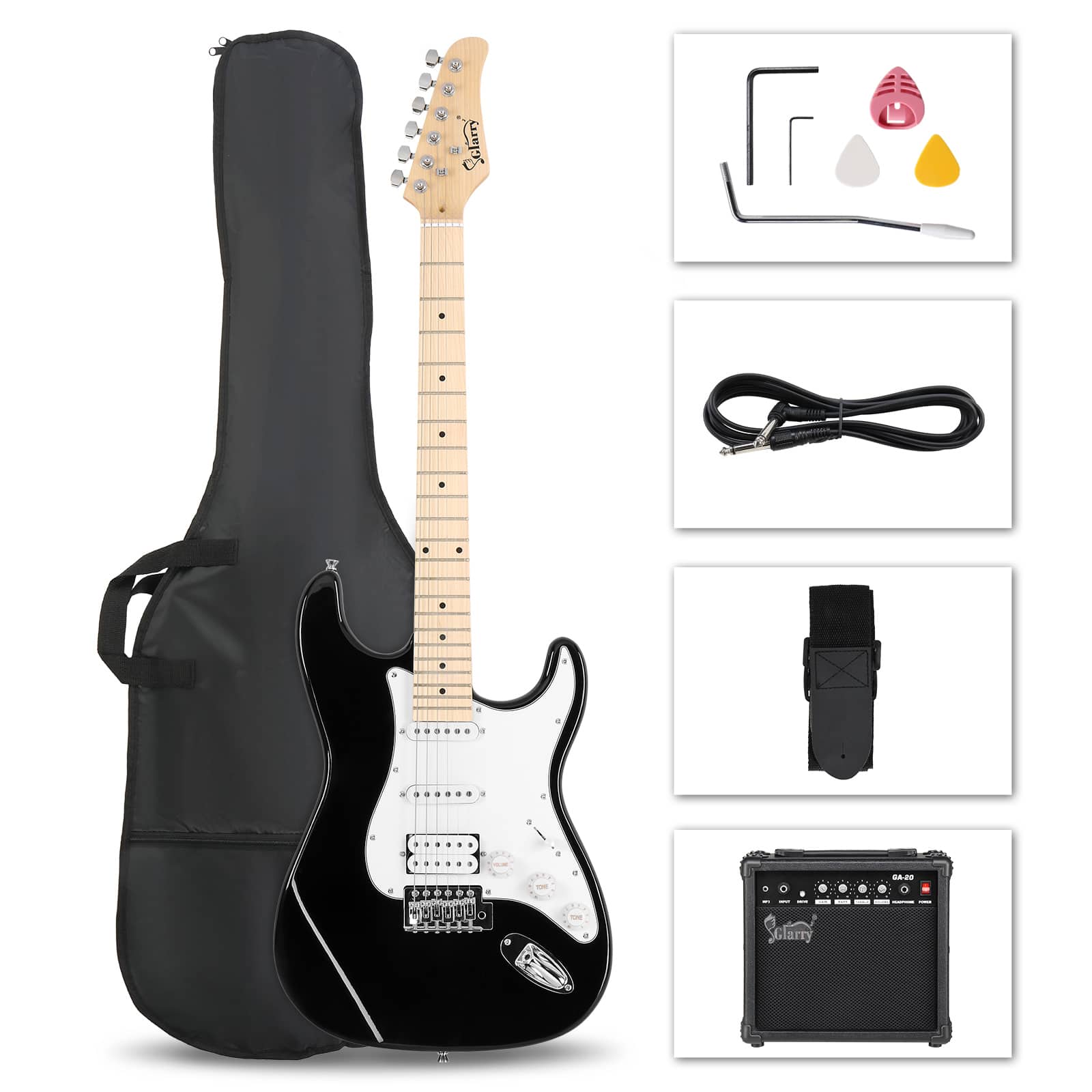 Winado - Glarry Full Size 39" GST Electric Guitar with 20W Amp, Carry Bag,Strap Black