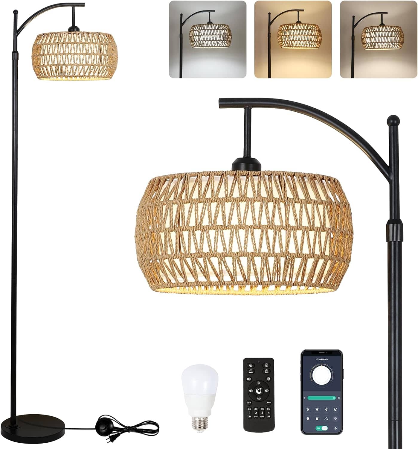 Z-Edge - Boho Arc Floor Lamp, Color Temperatures and Brightness Adjustable Remote, Bohemian Rattan Floor Lamp for Living Room - Black