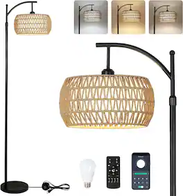 Z-Edge - Boho Arc Floor Lamp, Color Temperatures and Brightness Adjustable Remote, Bohemian Rattan Floor Lamp for Living Room - Black
