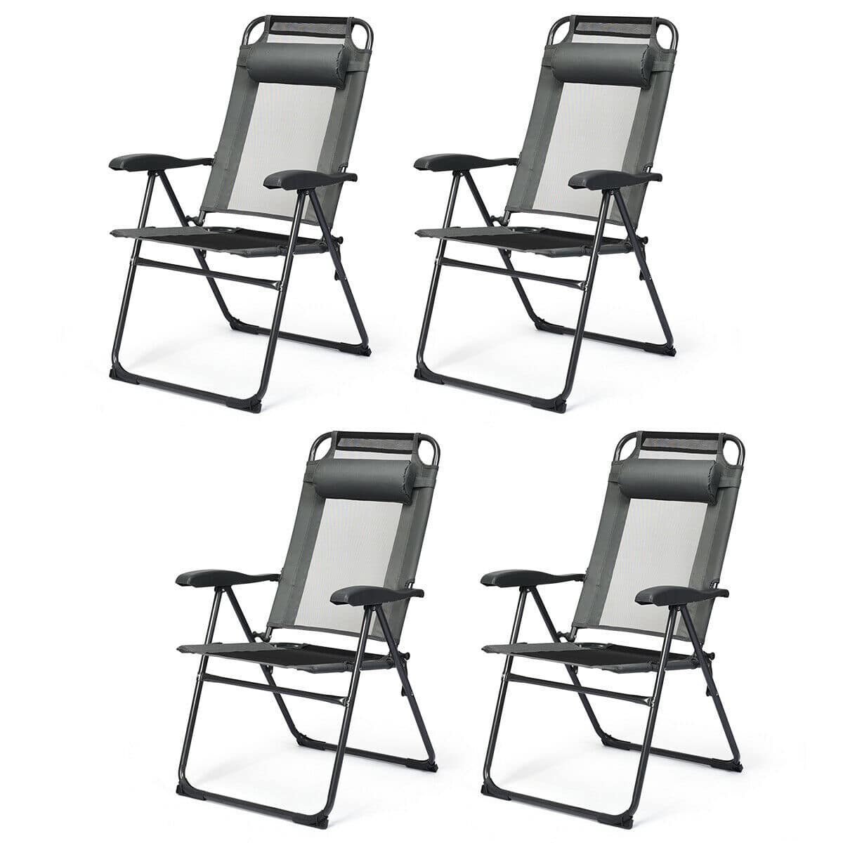 Gymax - 4PC Folding Chairs Adjustable Reclining Chairs with Headrest Patio Garden Grey - Gray