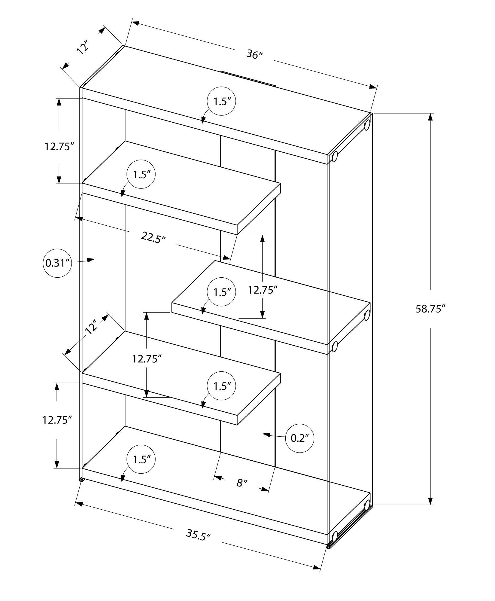 Here is the corrected and grouped text from the image:

- **Top Shelf:**
  - Width: 36"
  - Depth: 12"
  - Thickness: 1.5"

- **Middle Shelf:**
  - Width: 22.5"
  - Depth: 12.75"
  - Thickness: 1.5"

- **Bottom Shelf:**
  - Width: 35.5"
  - Depth: 12.75"
  - Thickness: 1.5"

- **Height:**
  - Total: 58.75"
  - Shelf Spacing: 12.75"
  - Shelf Thickness: 1.5"
  - Shelf Spacing: 12.75"
  - Shelf Thickness: 1.5"
  - Shelf Spacing: 12.75"
  - Shelf Thickness: 1.5"
  - Shelf Spacing: 12.75"
  - Shelf Thickness: 1.5"
  - Shelf Spacing: 12.75"
  - Shelf Thickness: 1.5"
  - Shelf Spacing: 12.7