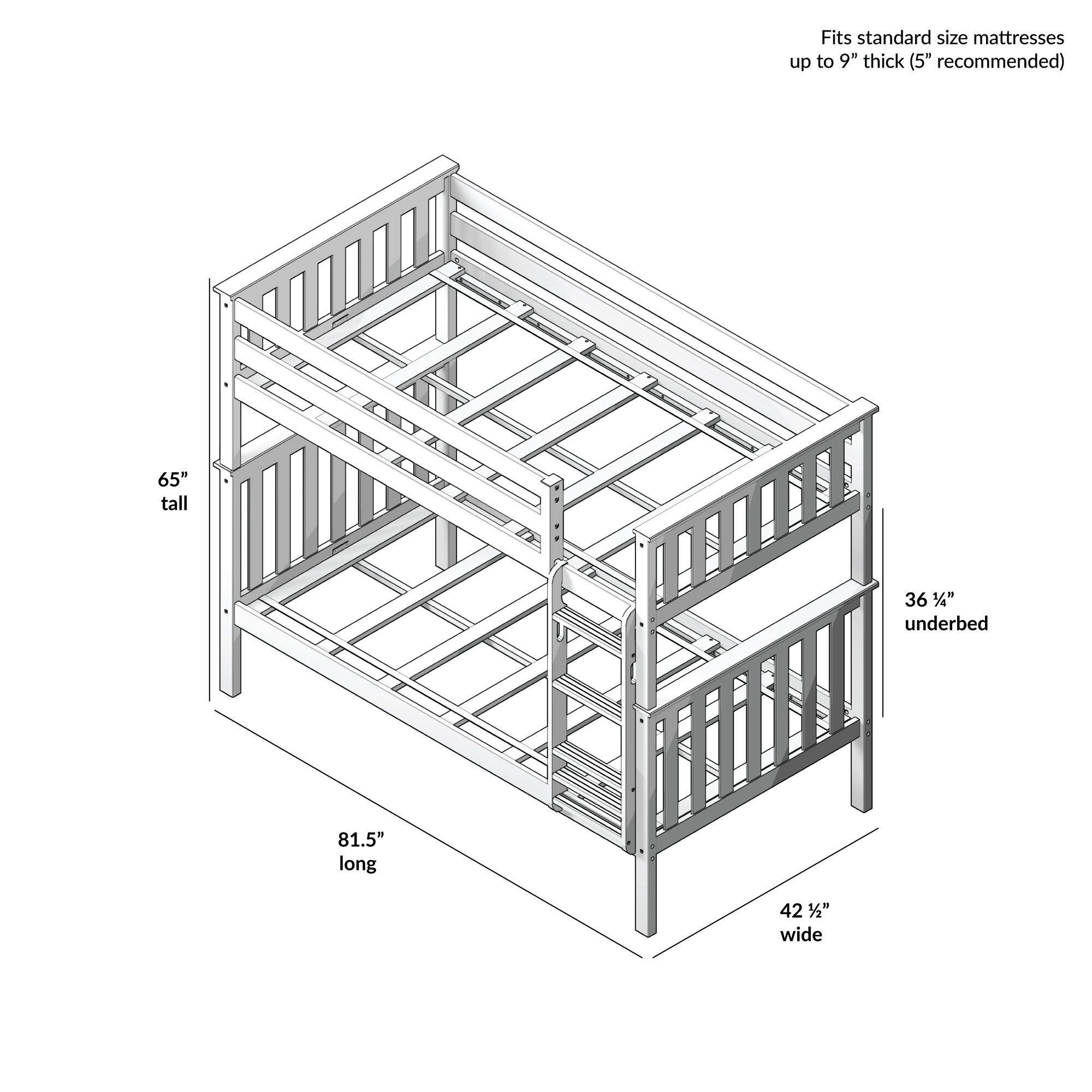 Fits standard size mattresses up to 9" thick (5" recommended)  
65" tall  
81.5" long  
36 1/2" underbed  
42 1/2" wide