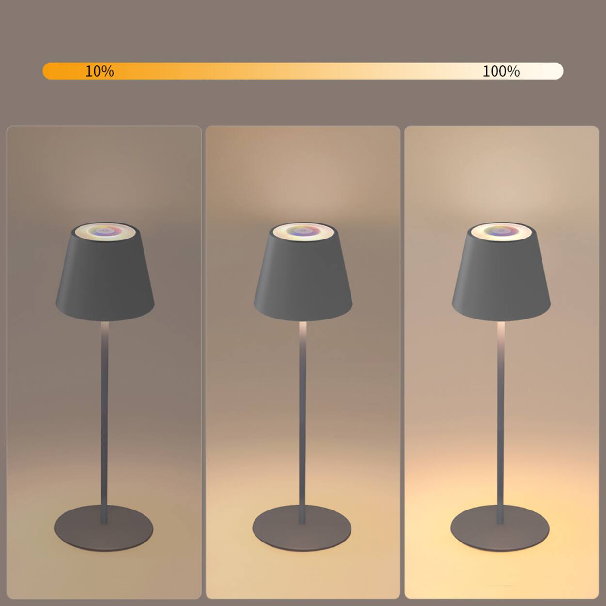 The text on the image reads "10% 100%". This indicates that the image is a comparison of the lamp at 10% and 100% brightness.