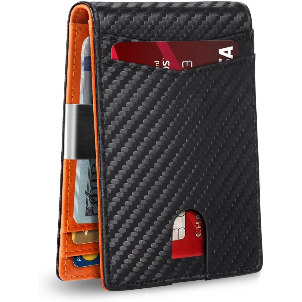 Front. ZUQIETA - ZUQIETA Money Clip Wallet - Slim Leather Bifold with ID Window & RFID Blocking, Holds 12 Cards - A-Carbon Black and Orange.
