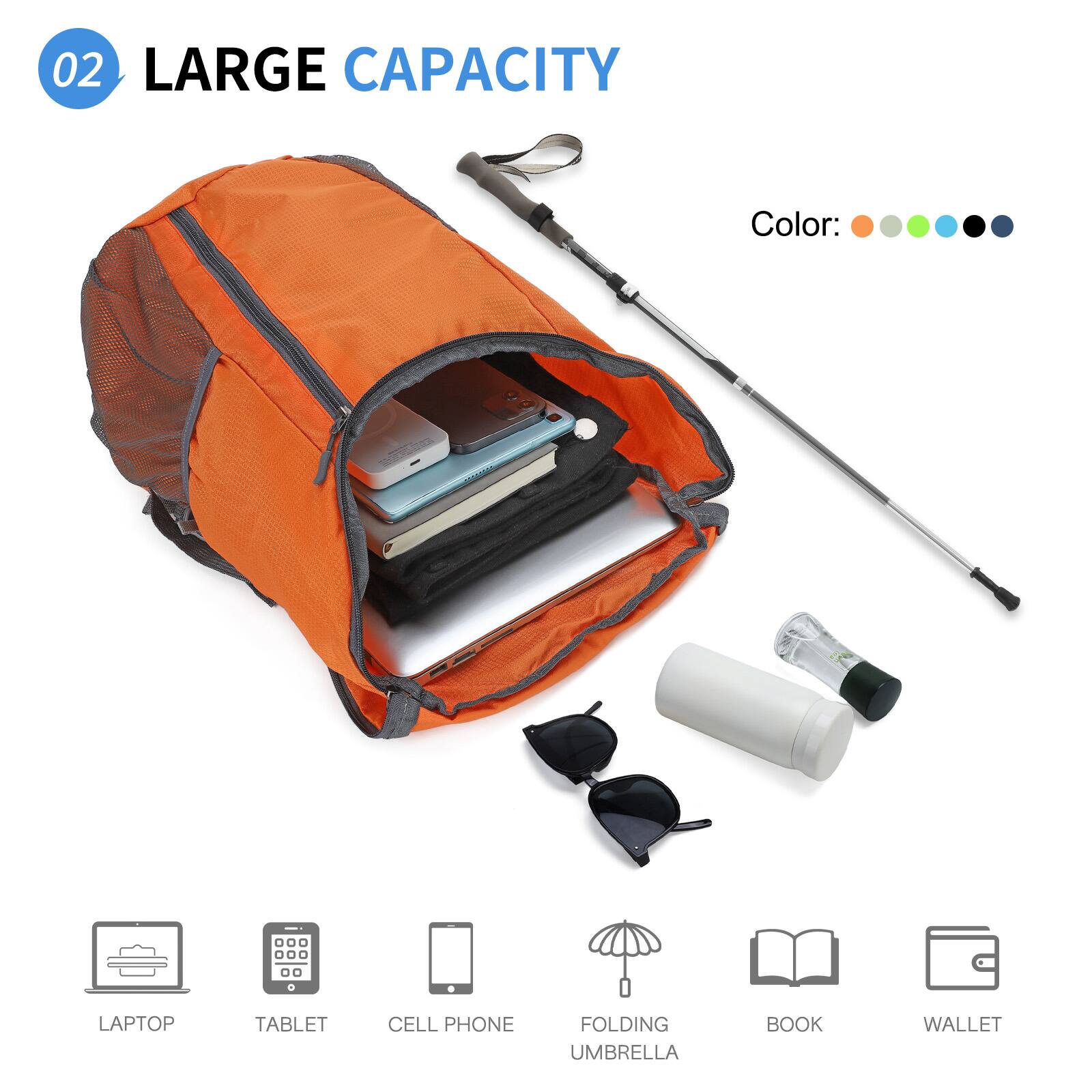 02 LARGE CAPACITY

Color: [Orange, Green, Blue, Black]

LAPTOP  
TABLET  
CELL PHONE  
FOLDING UMBRELLA  
BOOK  
WALLET