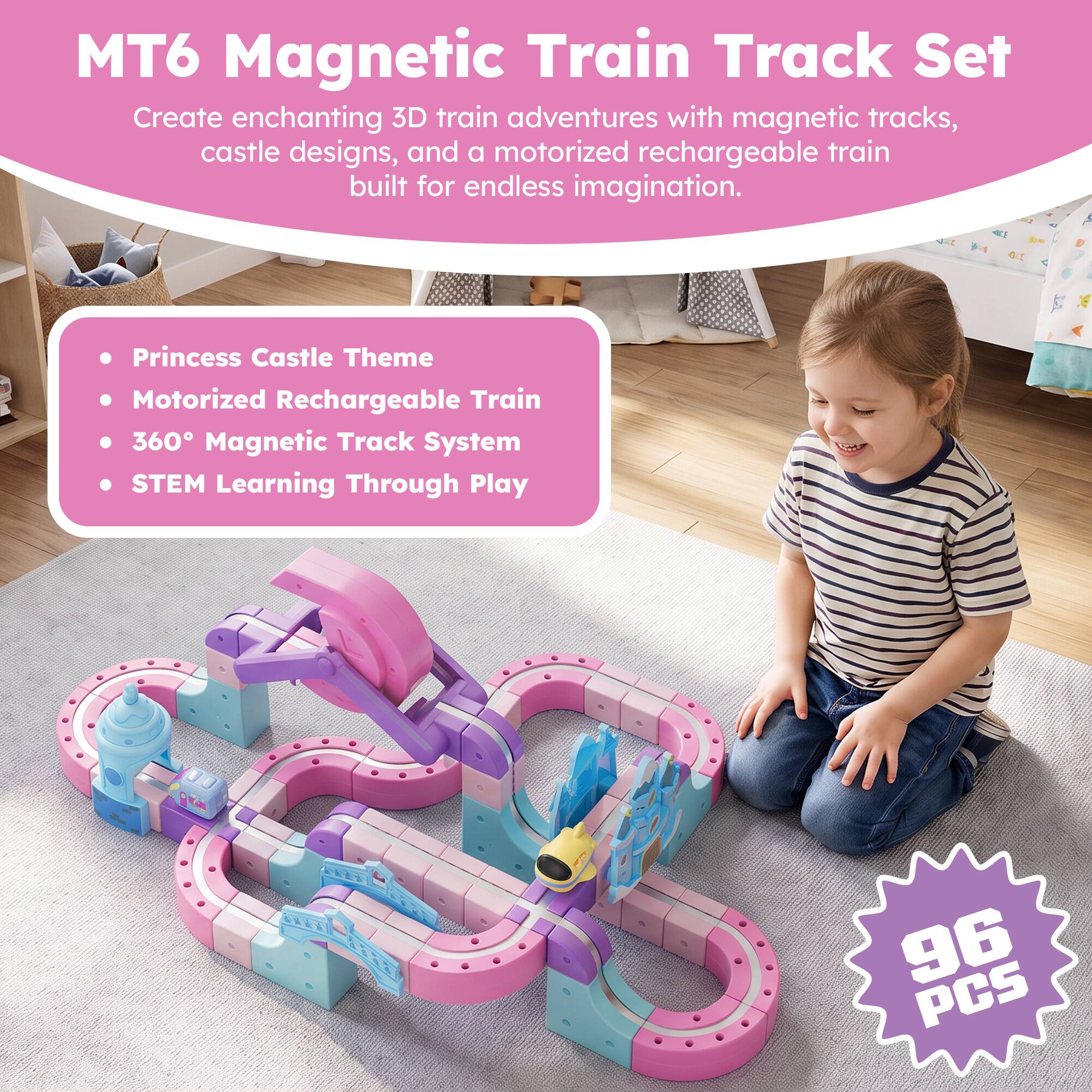 MT6 Magnetic Train Track Set  
Create enchanting 3D train adventures with magnetic tracks, castle designs, and a motorized rechargeable train built for endless imagination.

Princess Castle Theme  
Motorized Rechargeable Train  
360° Magnetic Track System  
STEM Learning Through Play

96 PCS