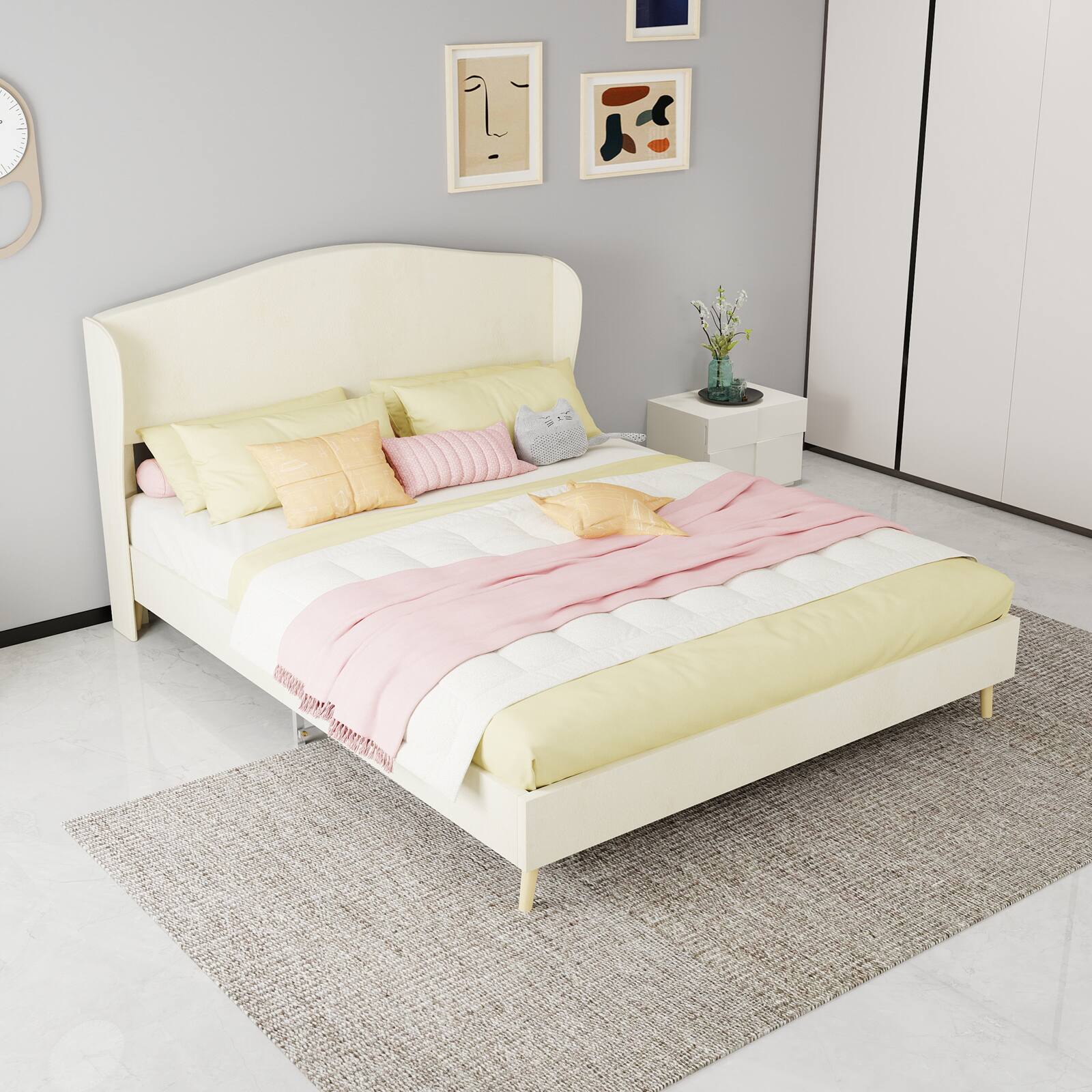 Alt View 4. Loheer - Loheer Beige Velvet Upholstered Queen Bed Frame Sturdy Luxury Bedroom Furniture - Beige.