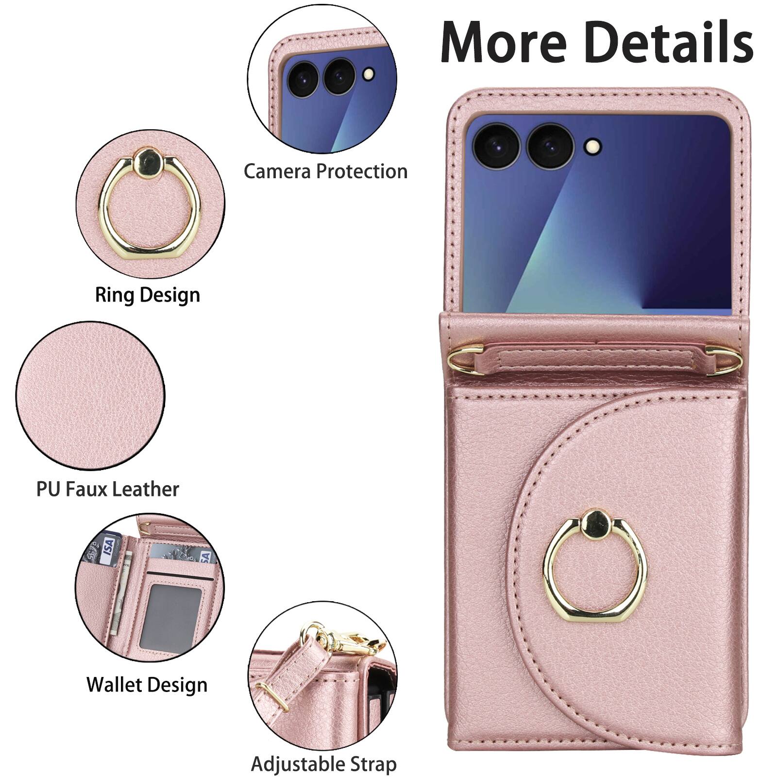More Details  
Camera Protection  
Ring Design  
PU Faux Leather  
Wallet Design  
Adjustable Strap