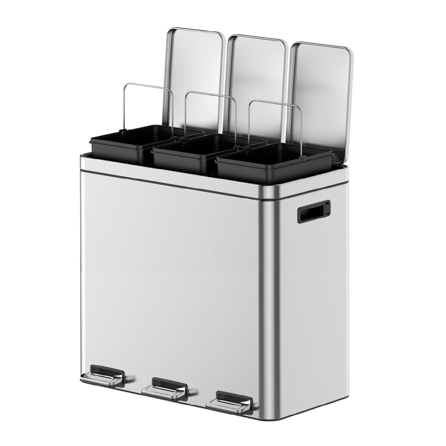 Alt View 2. GARVEE - Three Compartment Trash Can - 60L/16 Gal Stainless Steel Kitchen Trash Can - Silver.