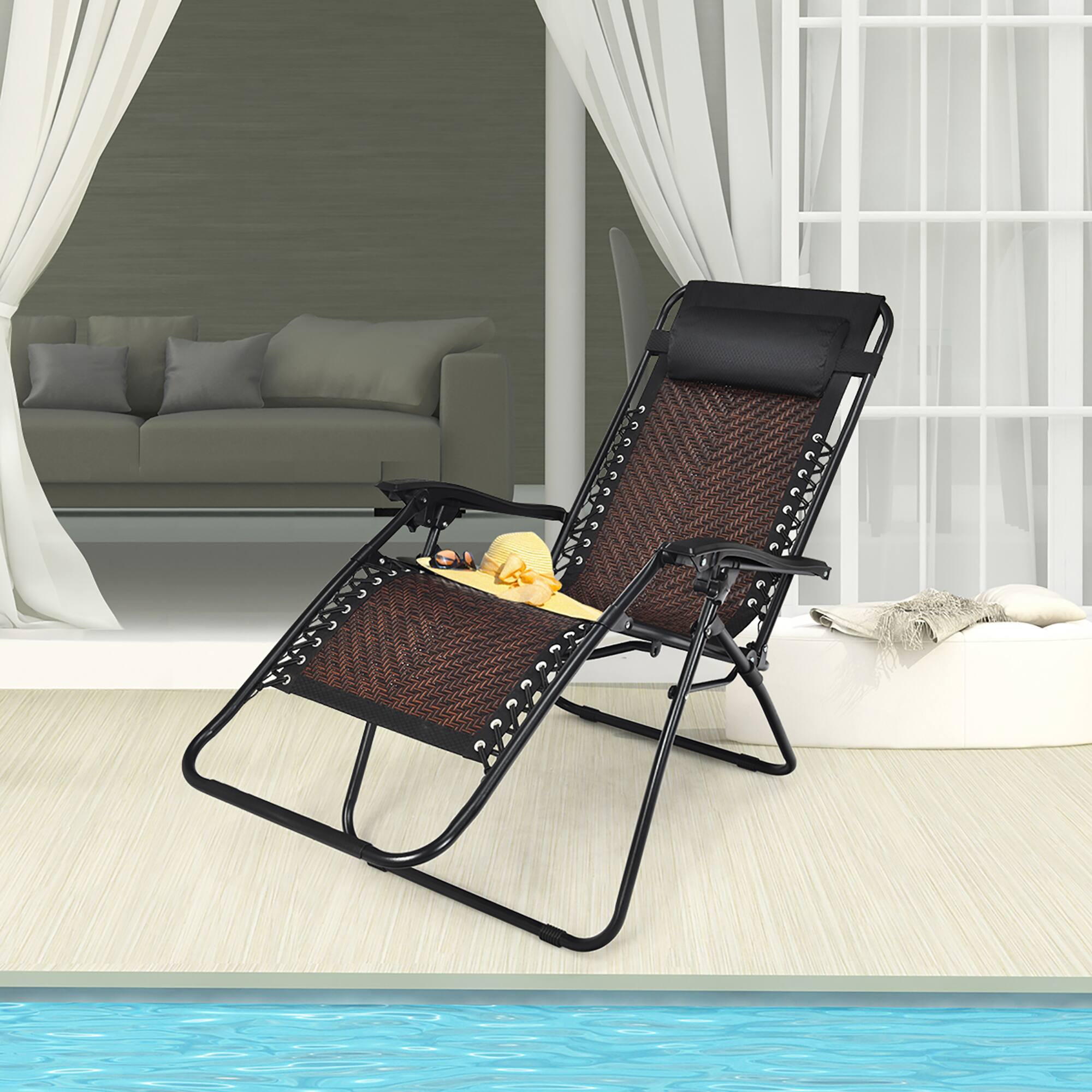 Alt View 2. Costway - Costway Patio Rattan Zero Gravity Lounge Chair Chaise Folding Recliner W/Headrest - Brown + Black.