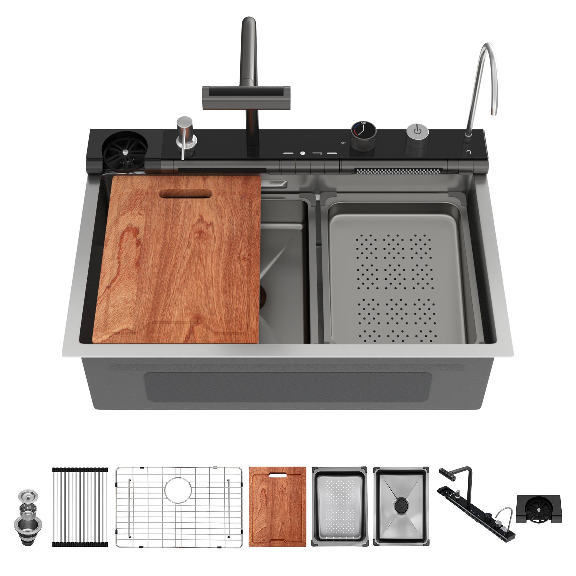 Alt View 7. Siljoy - Kitchen Sink Waterfall Sink - 30 x 19 x 9" Single Bowl 16 Gauge Steel Smart Digital Features Top Mount Kitchen Sinks - Brushed Nickel.