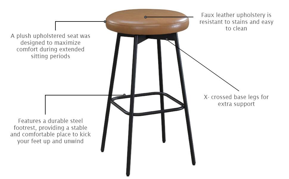 A plush upholstered seat was designed to maximize comfort during extended sitting periods. Faux leather upholstery is resistant to stains and easy to clean. Features a durable steel footrest, providing a stable and comfortable place to kick your feet up and unwind. X-crossed base legs for extra support.