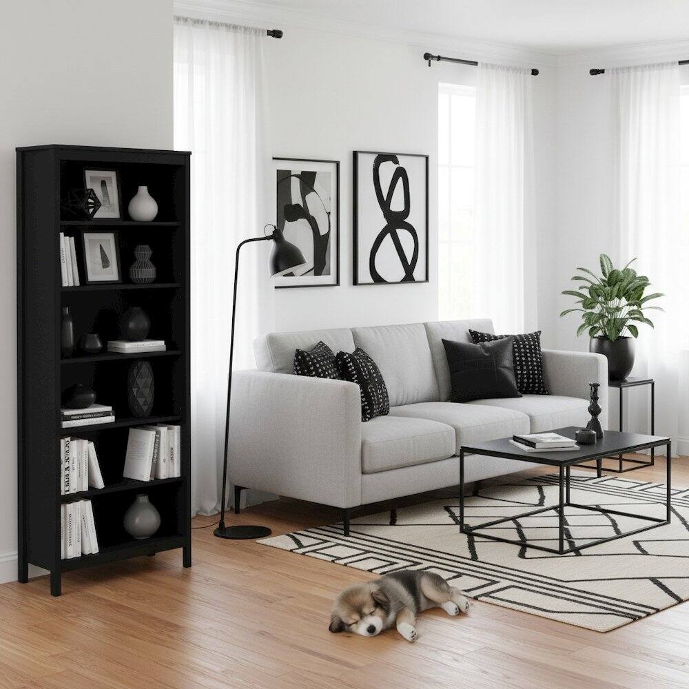 Angle. FurniFact - 6-Shelf Bookshelf with Adjustable Storage Shelves for Office - Black.