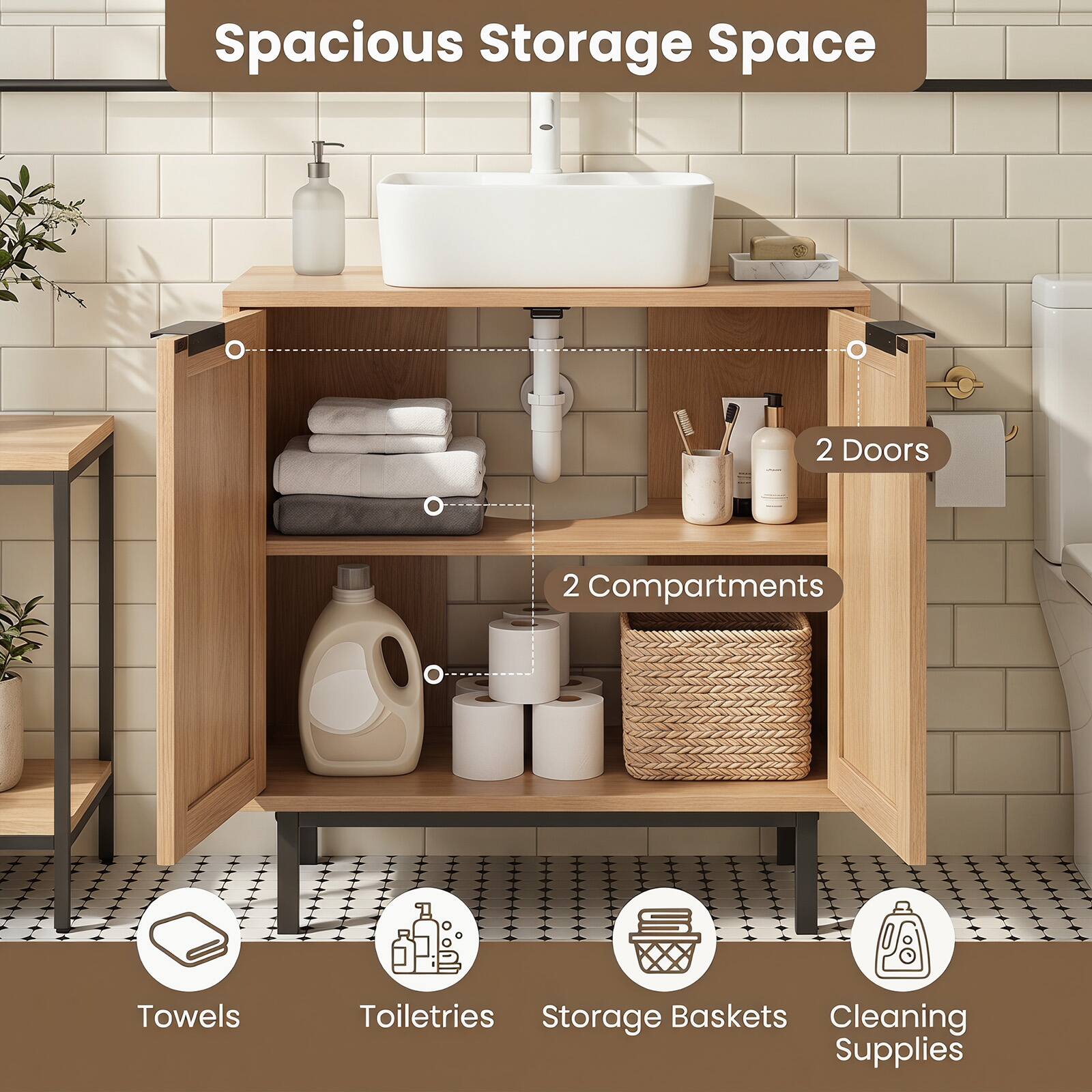 Spacious Storage Space  
2 Doors  
2 Compartments  
Towels  
Toiletries  
Storage Baskets  
Cleaning Supplies