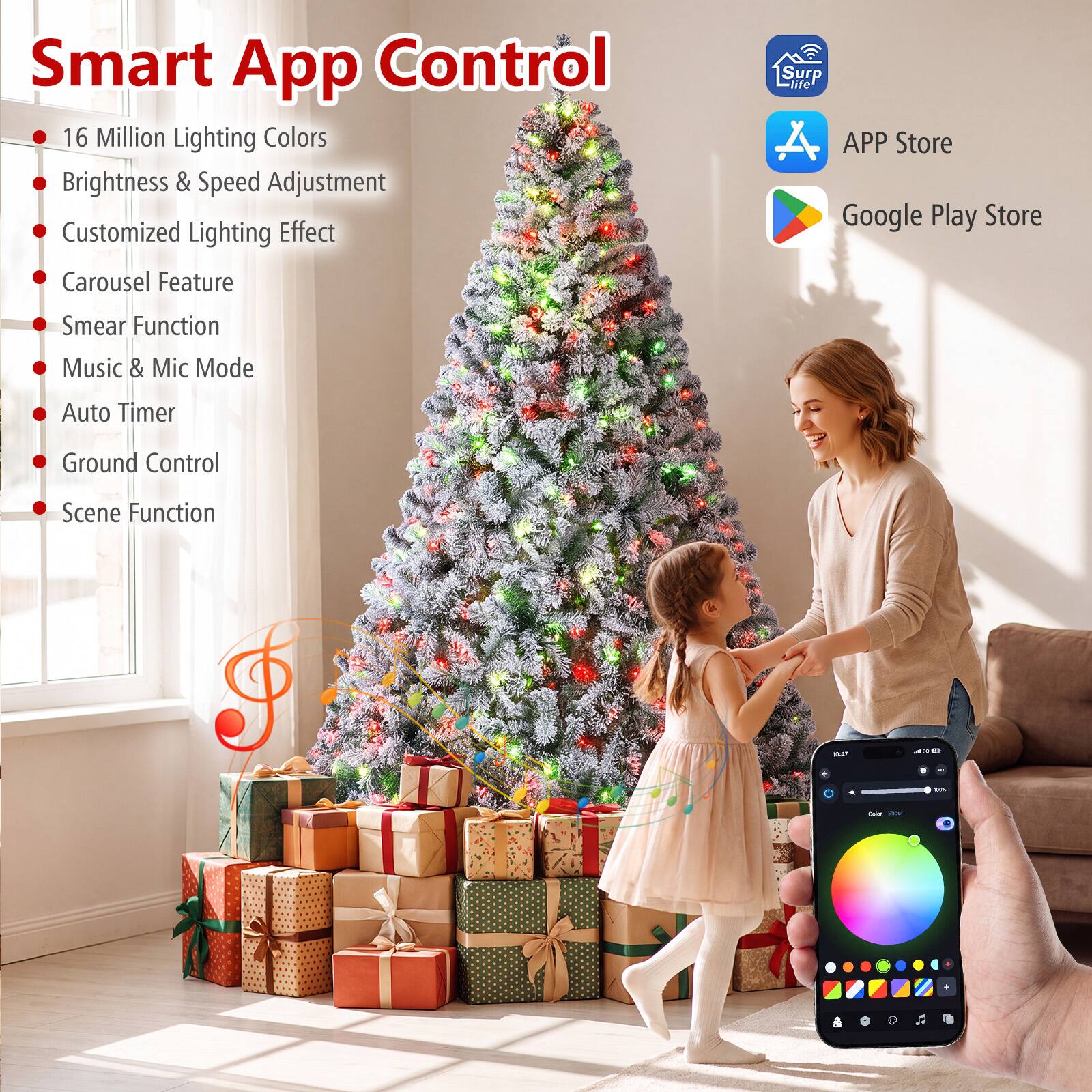 Smart App Control

- 16 Million Lighting Colors
- Brightness & Speed Adjustment
- Customized Lighting Effect
- Carousel Feature
- Smear Function
- Music & Mic Mode
- Auto Timer
- Ground Control
- Scene Function

Surp Life

APP Store

Google Play Store

10:47

0%

Color Sale