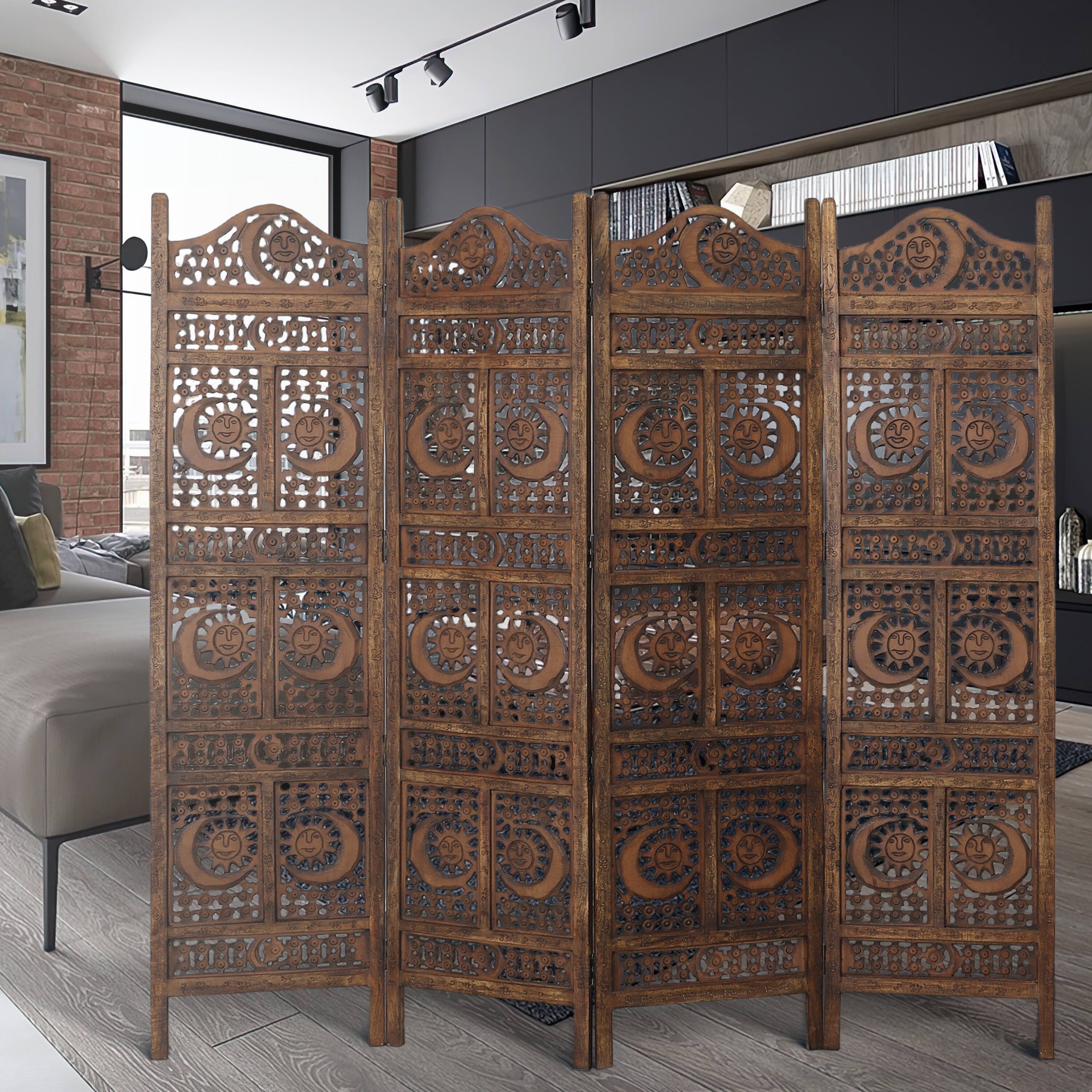 Alt View 5. Manhattan Lane - 71 Inch 4 Panel Mango Wood Room Divider, Hand Carved, Sun & Moon Design - Brown.