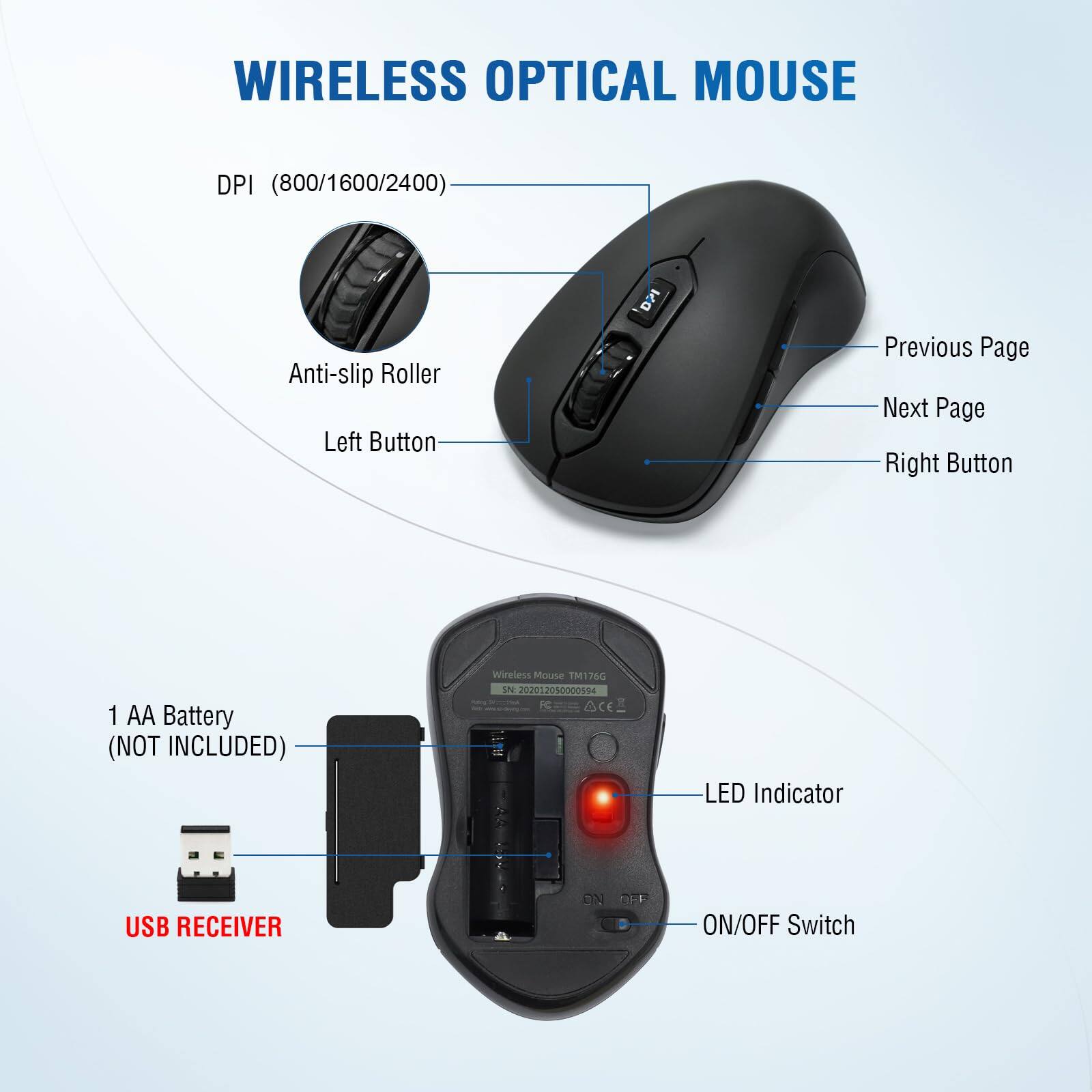 WIRELESS OPTICAL MOUSE

DPI (800/1600/2400)

- Anti-slip Roller
- Left Button
- Previous Page
- Next Page
- Right Button

1 AA Battery (NOT INCLUDED)

USB RECEIVER

LED Indicator

ON/OFF Switch

SN: 202012050000594

FCC ID: TM176G

CE