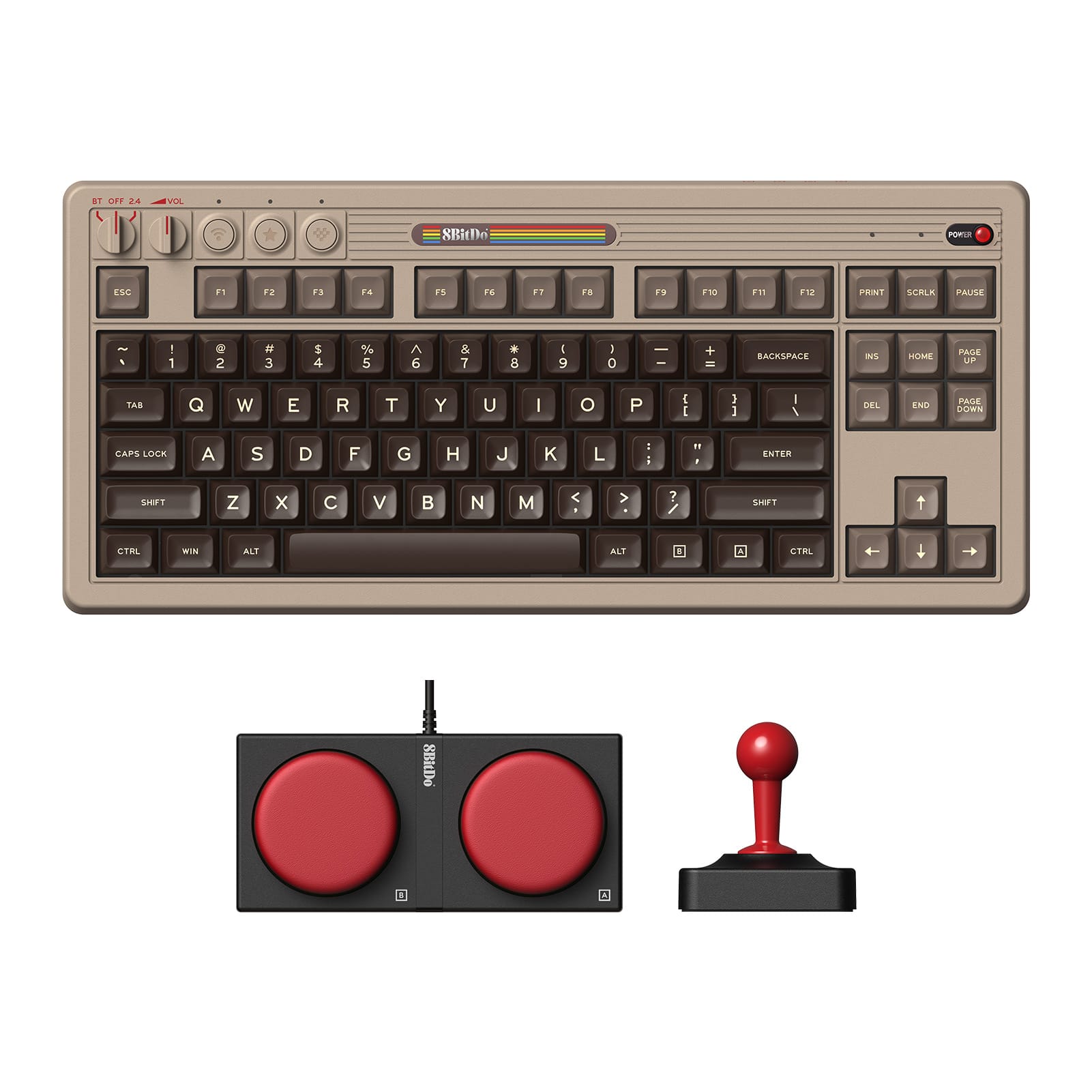 The image features a computer keyboard with a mouse and a set of red buttons. The keyboard has a variety of keys, including letters, numbers, and function keys. The mouse is located to the right of the keyboard, and the red buttons are placed below the keyboard. The arrangement of the keyboard, mouse, and buttons suggests that they are part of a computer setup.