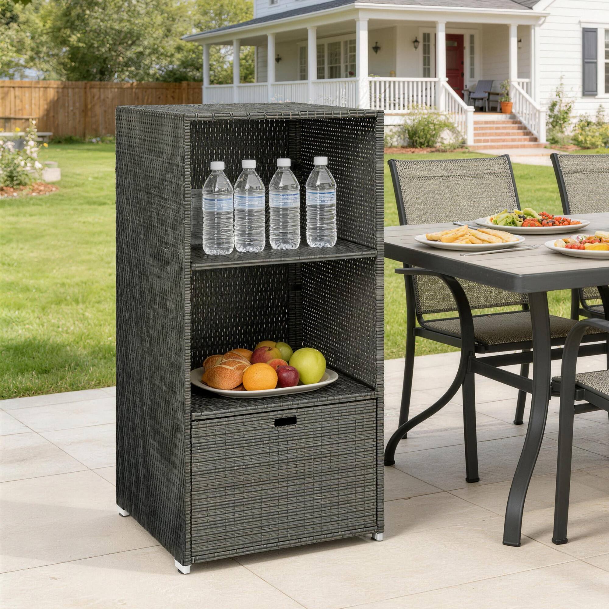 Alt View 7. Outsunny - Pool Towel Rack, Water-Resistant PE Plastic Rattan Wicker Storage Organizer, 2 Shelves, 1 Basket Drawer - Dark Gray.