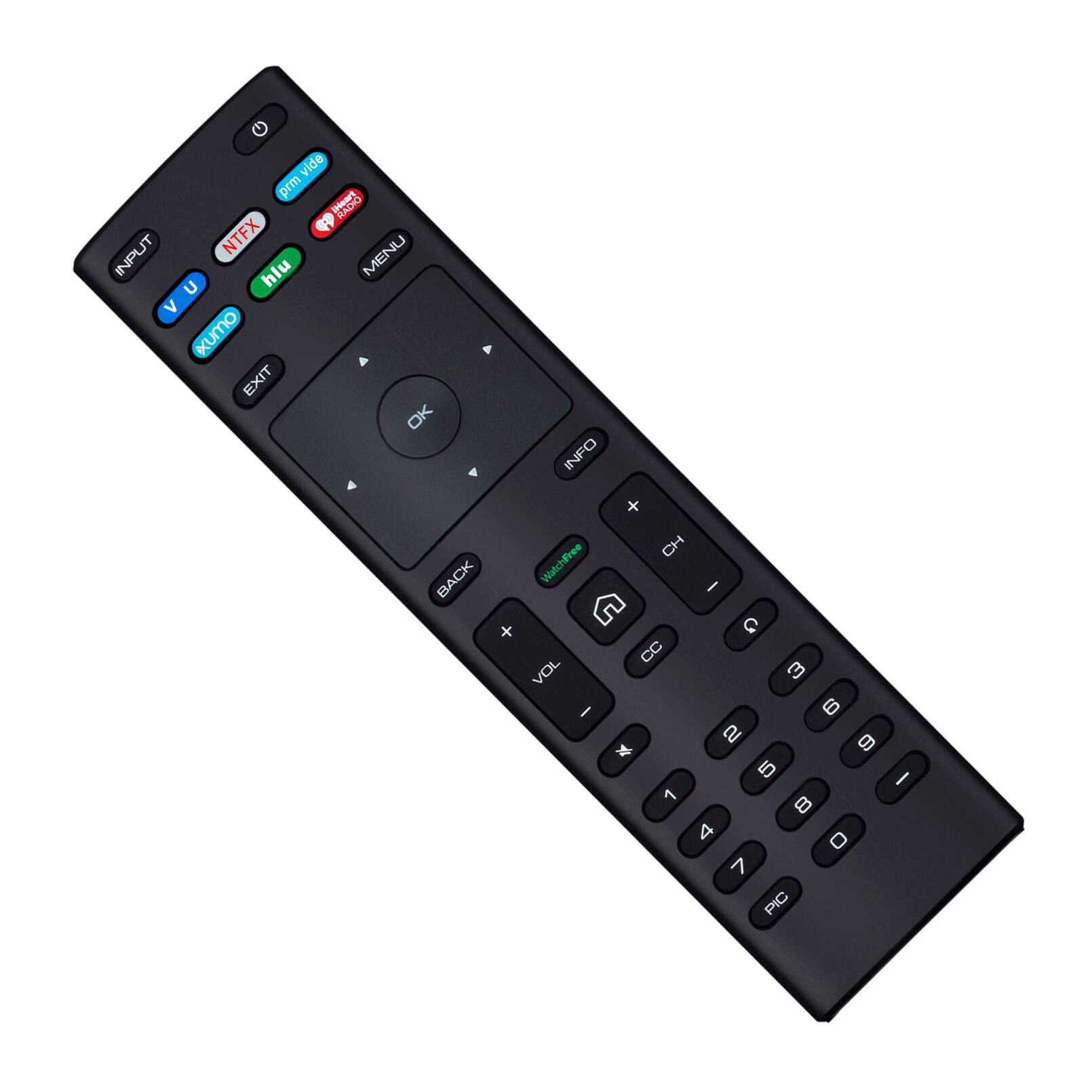 Here is the corrected and grouped text from the image:

- INPUT
- V U
- KUMO
- EXIT
- MENU
- INFO
- BACK
- OK
- VOL +
- VOL -
- CC
- PIC
- 1 2 3
- 4 5 6
- 7 8 9
- 0
- * #
- NETFLIX
- hlu
- prm TV
- WatchFree