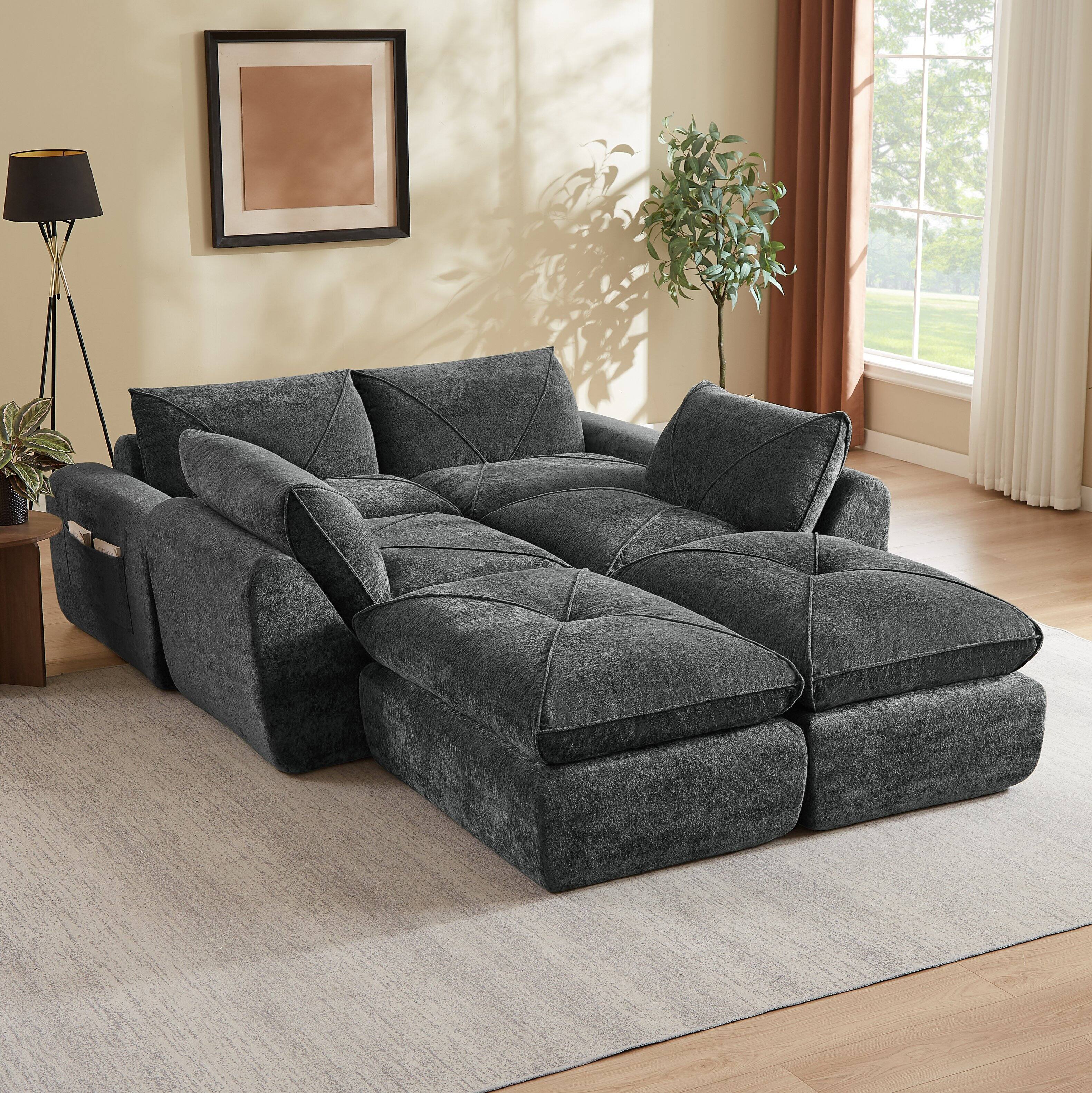 Alt View 2. Loheer - Loheer Modern Minimalist Chenille Sectional Sofa Oversized Modular Couch with Ottoman for Large Living Rooms - Dark Gray.