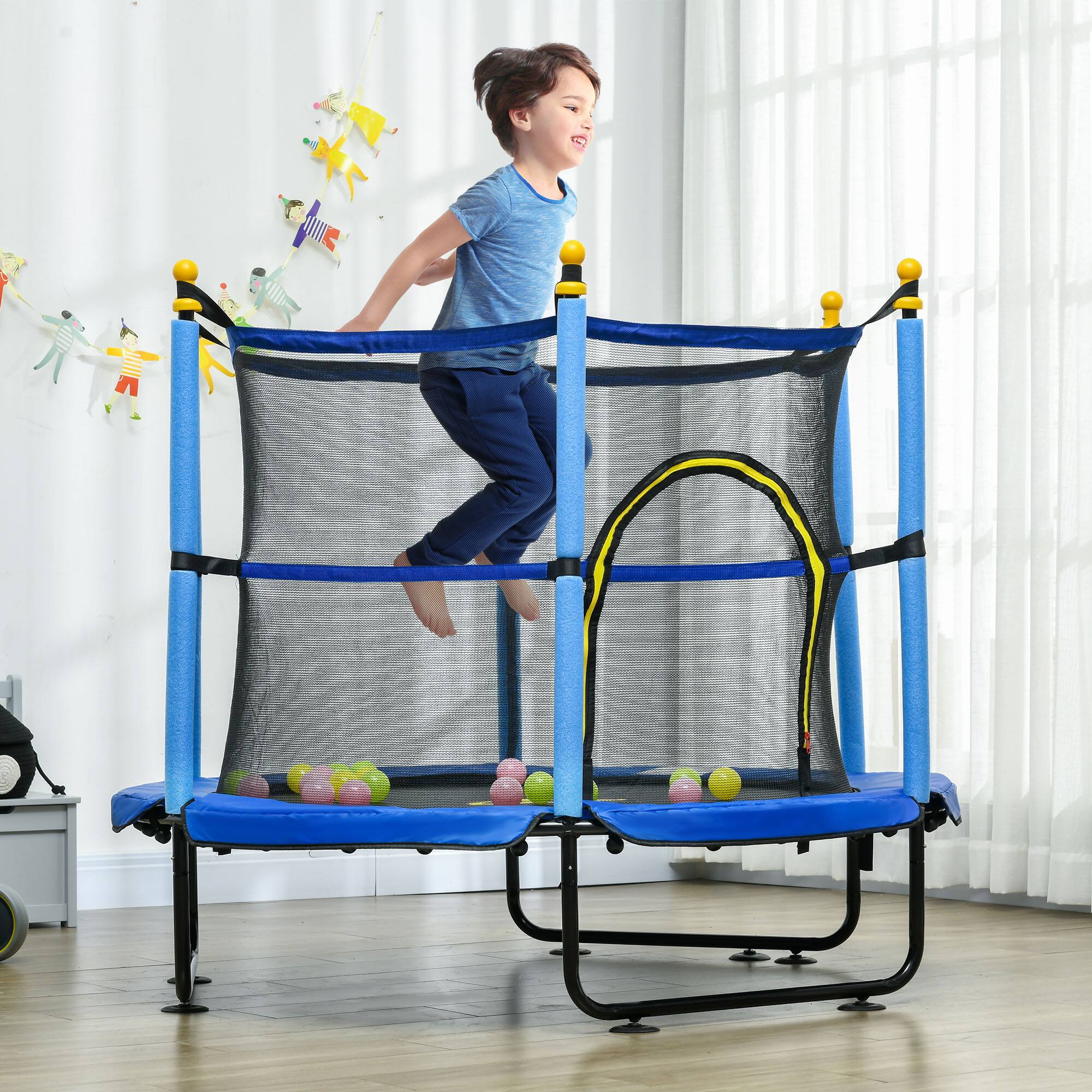 Angle. Qaba - 4.6' Trampoline, 55 Inch Trampoline, Safety Enclosure, Ball Pit, Indoor Outdoor Use - Blue.