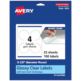Avery - Glossy Round Labels, 3.5" diameter, 100 Labels - Clear