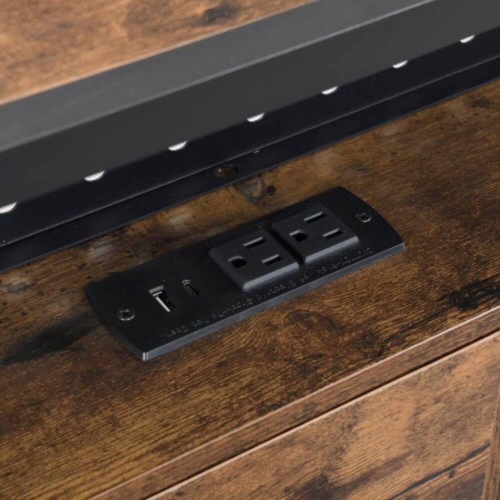 Alt View 2. LUCKY ONE - King Size Metal Platform Bed Frame with Wooden Headboard and Footboard, USB Charging, LED Lights, 2 Drawers - Black Brown.