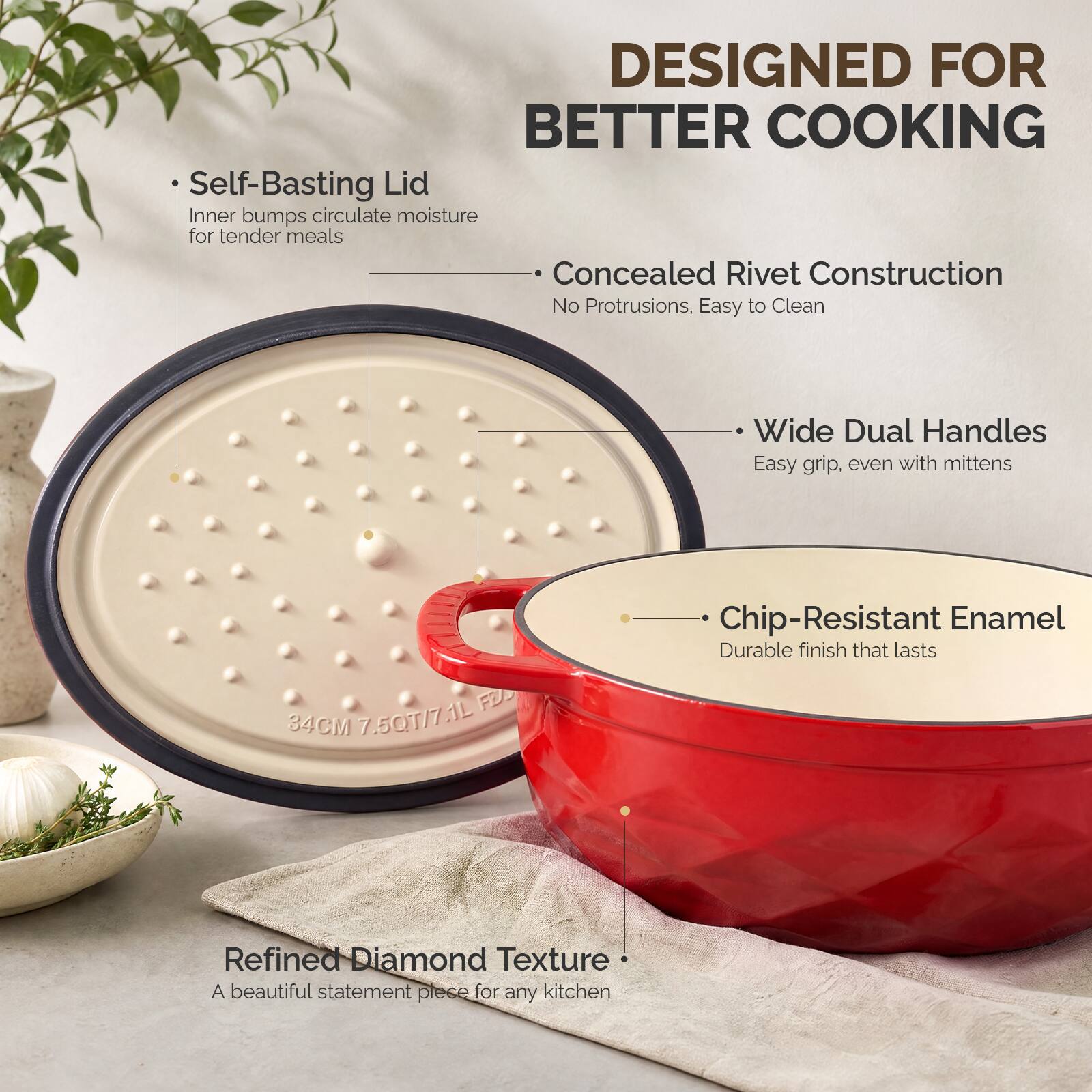 DESIGNED FOR BETTER COOKING

- Self-Basting Lid
  Inner bumps circulate moisture for tender meals

- Concealed Rivet Construction
  No Protrusions, Easy to Clean

- Wide Dual Handles
  Easy grip, even with mittens

- Chip-Resistant Enamel
  Durable finish that lasts

34CM 7.5QT/7.1L

Refined Diamond Texture
A beautiful statement piece for any kitchen