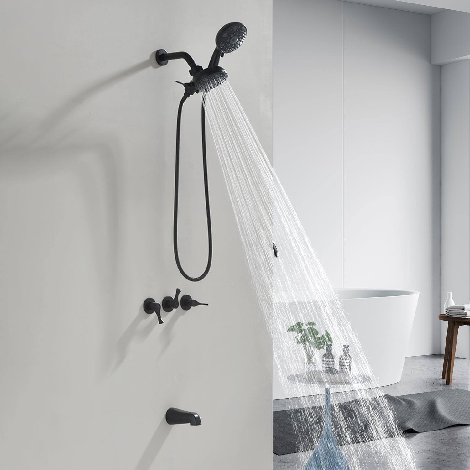 Alt View 4. Boyel Living - Matte Black Shower Set with Triple Handle Control 6 Function Dual Shower Heads and High Flow Tub Spout - Matte Black.