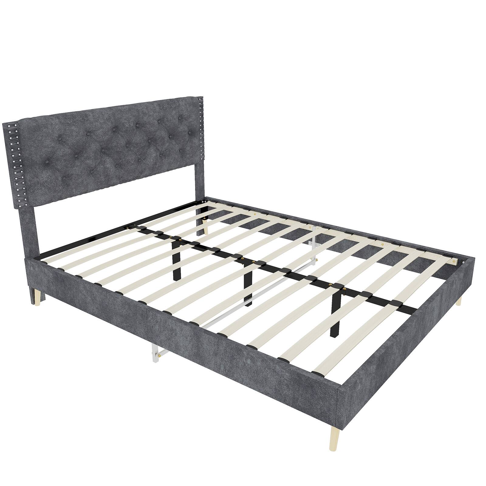 Alt View 7. Loheer - Loheer Full Size Gray Suede Bed Upholstered Platform Bed Frame with Soft Headboard Sturdy Structure - Grey.