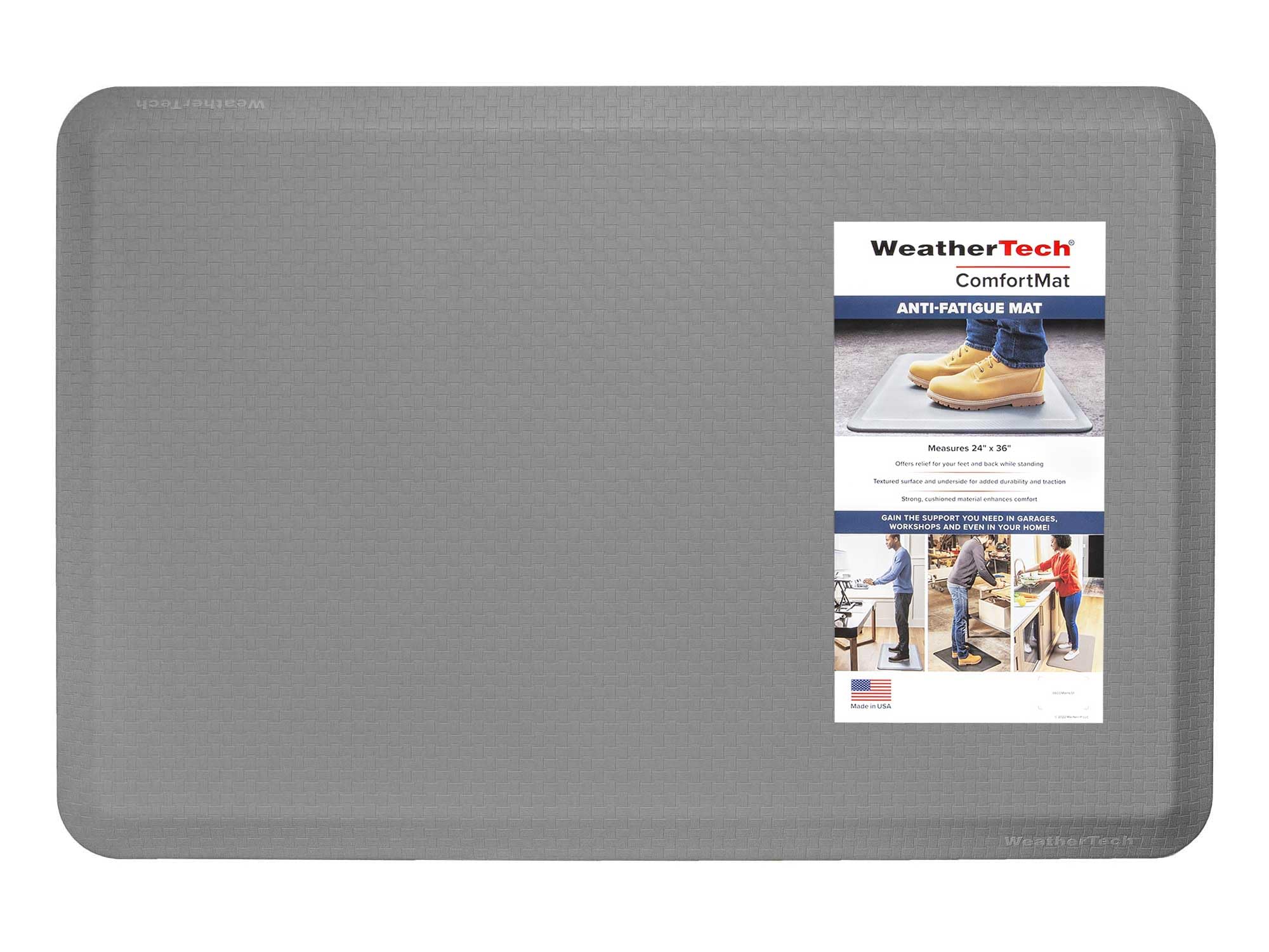 WeatherTech  
ComfortMat ANTI-FATIGUE MAT  
Measures 24" x 36"  

OPPERS numbent they's your depos - DOCK White Manding  
Twitterstock surfaee - underside - sauce disables - Mestime  
ENTRETTING rushioned COMMENTENTE enhances REMERNITIONES:  
GAIN THE SUPPORT YOU NEED IN GARAGES, WORKSHOPS AND EVEN IN YOUR HOME!  
Musivi - USA  
Tock
