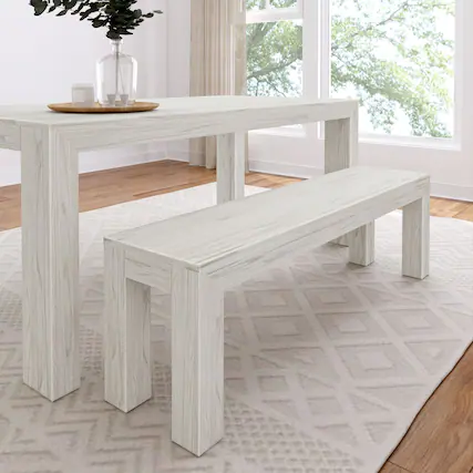 Front. Plank+Beam - Modern Dining Room Bench (61in / 1550mm), White Sand Wirebrush - White Sand Wirebrush.