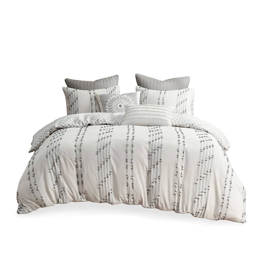 Photos - Bed Linen Mills Gracie - Trujillo 3-Piece Embroidered Stripes Cotton Jacquard Duvet Cover Set - Ivory 9621-21II