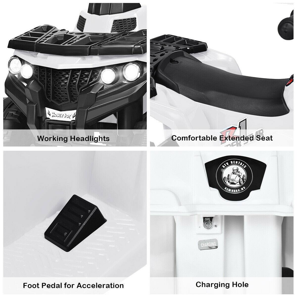 - Working Headlights
- Comfortable Extended Seat
- Foot Pedal for Acceleration
- Charging Hole