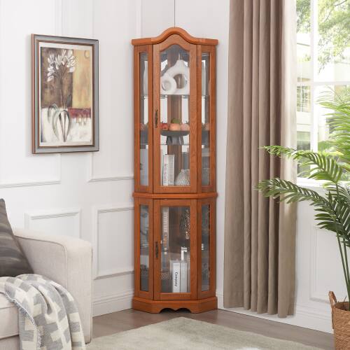 Angle. LUCKY ONE - Freestanding Corner Curio Cabinet with Tempered Glass Shelves LED Light Display for Collectibles - Oak.