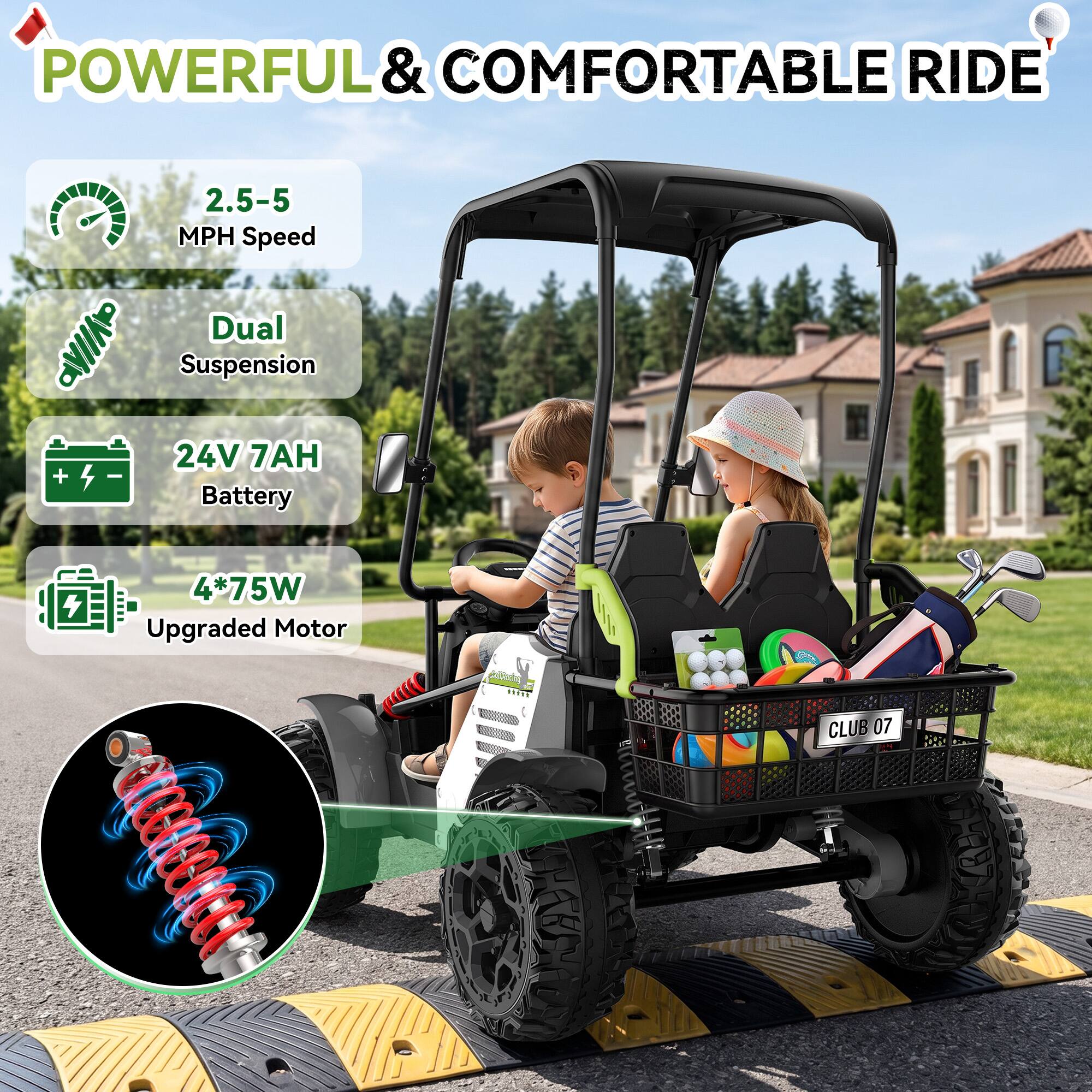 POWERFUL & COMFORTABLE RIDE

2.5-5 MPH Speed
Dual Suspension
24V 7AH Battery
4*75W Upgraded Motor

CLUB 07