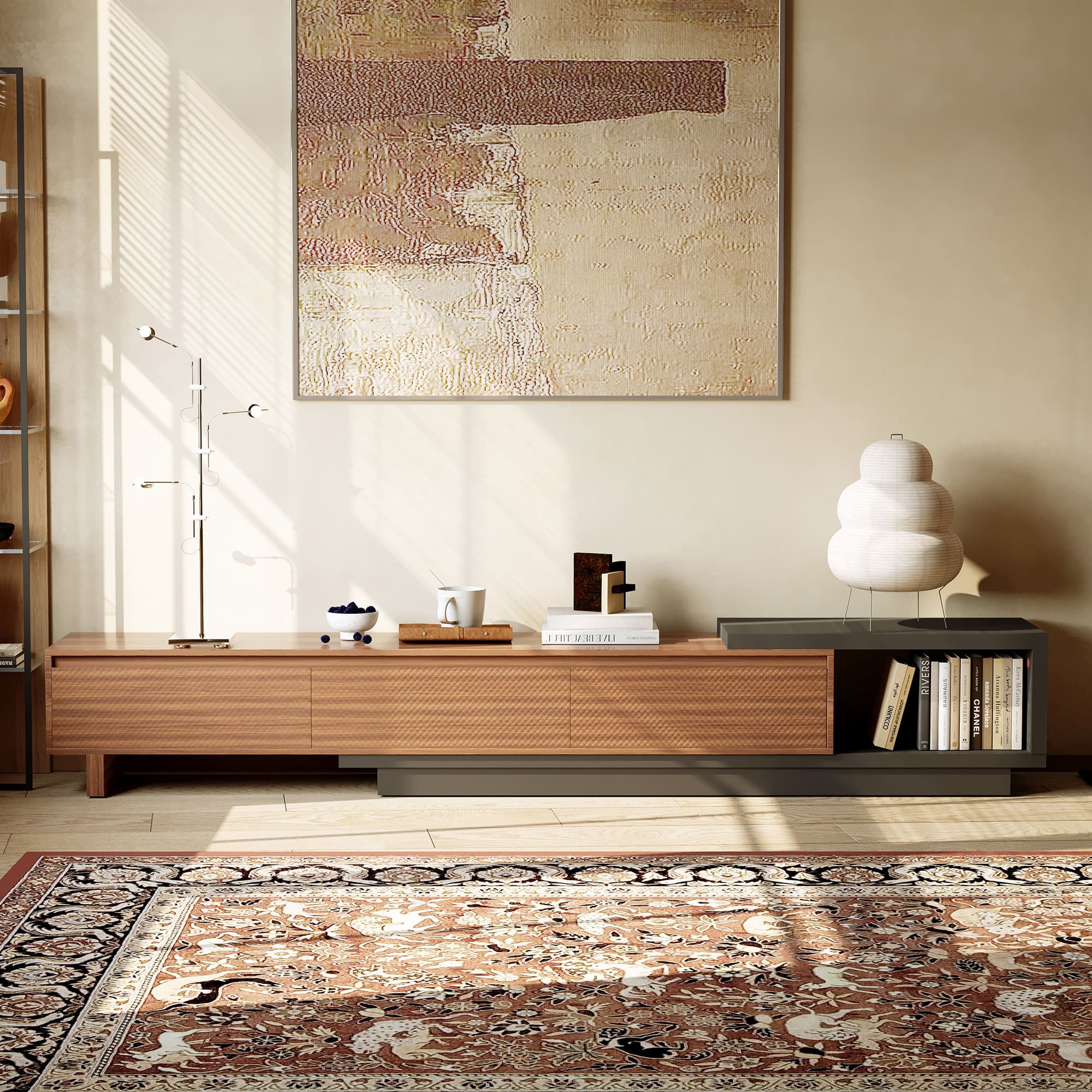 luck idea - 78.74"–102.3" Extendable TV Stand with 3 Drawers, Textured Front Design & Modern Media Console for Living Room - Gray