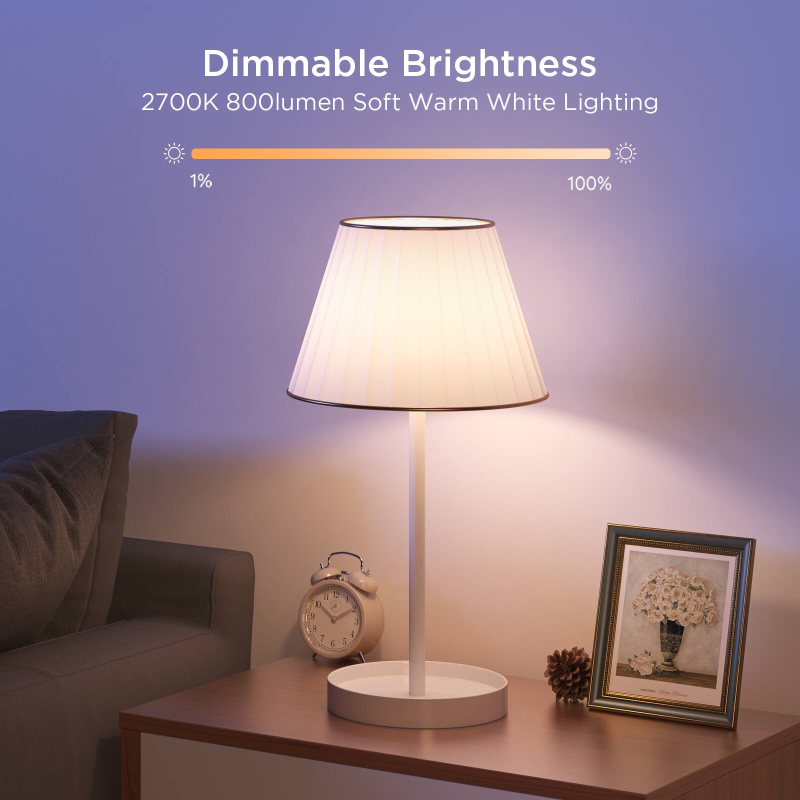 Dimmable Brightness  
2700K 800lumen Soft Warm White Lighting  
1% 100%