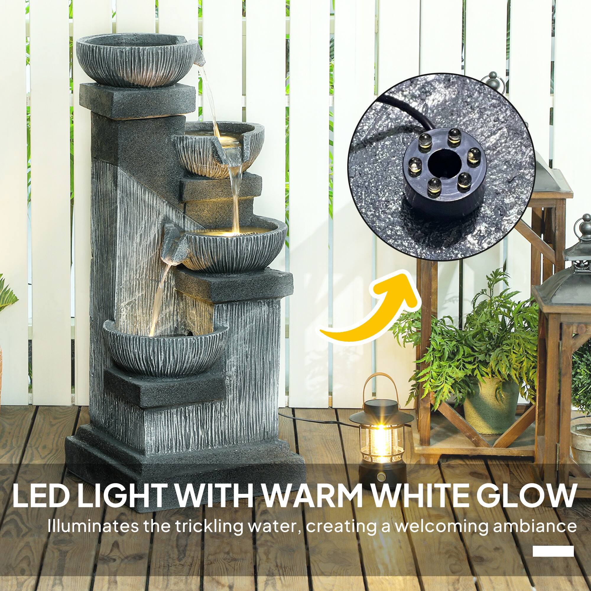 LED LIGHT WITH WARM WHITE GLOW

Illuminates the trickling water, creating a welcoming ambiance